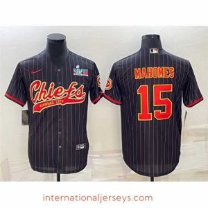 High quality Kansas City Chiefs 15 Patrick Mahomes Black With Super Bowl LVII Patch Cool Base Stitched Baseball Jersey