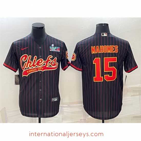 High quality Kansas City Chiefs 15 Patrick Mahomes Black With Super Bowl LVII Patch Cool Base Stitched Baseball Jersey