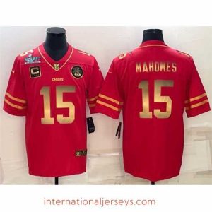 Exquisite Kansas City Chiefs 15 Patrick Mahomes Red Gold Super Bowl LVII Patch And 4 Star C Patch Vapor Untouchable Limited Stitched Jersey