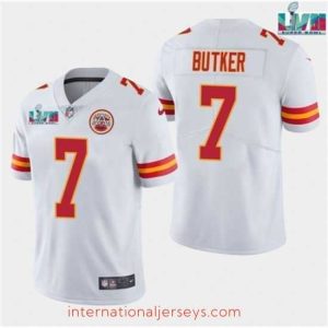 Superb Kansas City Chiefs 7 Harrison Butker White Super Bowl LVII Patch Vapor Untouchable Limited Stitched Jersey