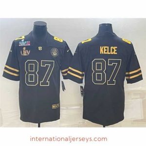 Exceptional Kansas City Chiefs 87 Travis Kelce Black Golden Super Bowl LV And Super Bowl LVII Patch Vapor Limited Stitched Jersey