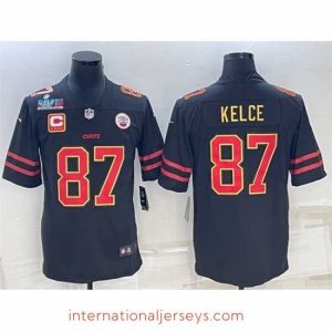 Top notch Kansas City Chiefs 87 Travis Kelce Black Red Gold Super Bowl LVII Patch And 4 Star C Patch Vapor Untouchable Limited Stitched Jersey