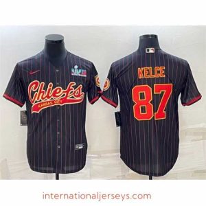 Premium Kansas City Chiefs 87 Travis Kelce Black With Super Bowl LVII Patch Cool Base Stitched Baseball Jersey