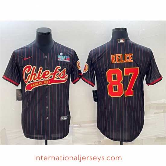 Premium Kansas City Chiefs 87 Travis Kelce Black With Super Bowl LVII Patch Cool Base Stitched Baseball Jersey