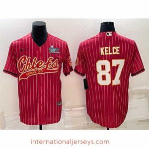 Top notch Kansas City Chiefs 87 Travis Kelce Red With Super Bowl LVII Patch Cool Base Stitched Baseball Jersey