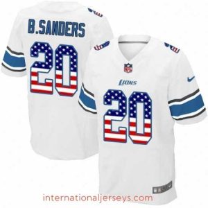 Superb Nike Detroit Lions 20 Barry Sanders Elite White Road USA Flag Fashion NFL Jersey
