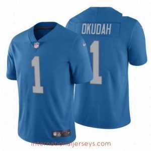 Outstanding Nike Lions 1 Jeff Okudah Blue Vapor  Jersey 2020 NFL Draft
