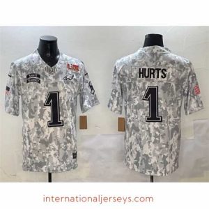 Exceptional Philadelphia Eagles 1 Jalen Hurts Arctic Camo 2025 Super Bowl LIX Patch F.U.S.E Salute To Service Limited Stitched Football Jersey