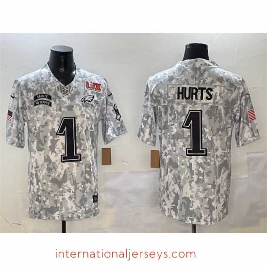 Exceptional Philadelphia Eagles 1 Jalen Hurts Arctic Camo 2025 Super Bowl LIX Patch F.U.S.E Salute To Service Limited Stitched Football Jersey