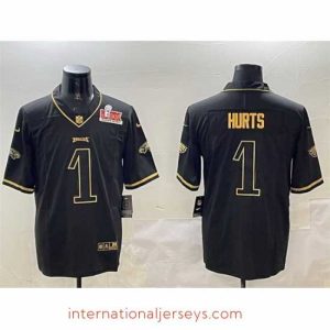 Exceptional Philadelphia Eagles 1 Jalen Hurts Black Gold 2025 Super Bowl LIX Patch Salute To Service Vapor Untouchable Limited Stitched Football Jersey