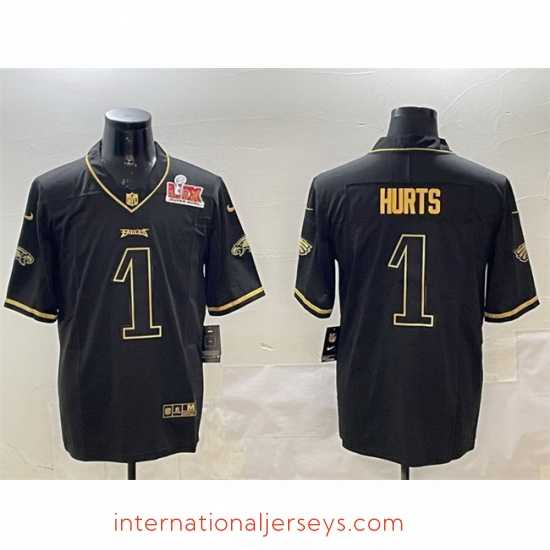 Exceptional Philadelphia Eagles 1 Jalen Hurts Black Gold 2025 Super Bowl LIX Patch Salute To Service Vapor Untouchable Limited Stitched Football Jersey