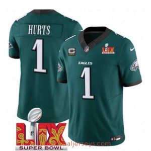 Exceptional Philadelphia Eagles 1 Jalen Hurts Green 2025 Super Bowl LIX Patch With 3 Star C Patch New F.U.S.E  Vapor Untouchable Limited Stitched Football Jersey