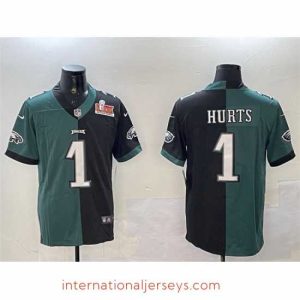 Finest Philadelphia Eagles 1 Jalen Hurts Green  26 Black Split 2025 Super Bowl LIX Patch Vapor Untouchable Limited Stitched Football Jersey