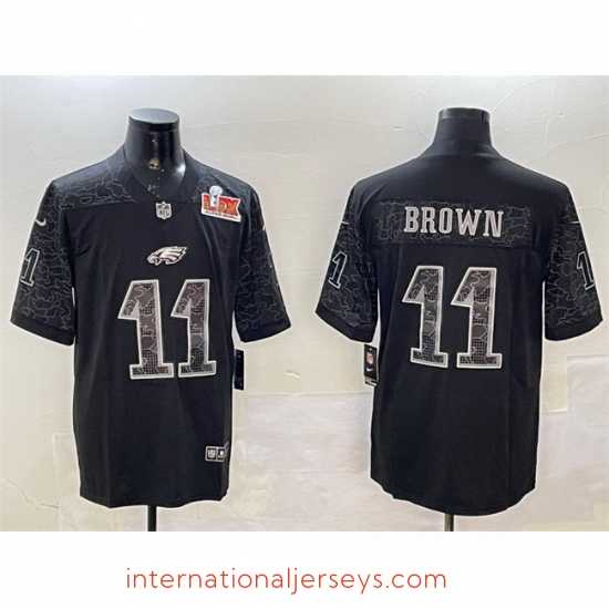 Exquisite Philadelphia Eagles 11 A J Brown Black 2025 Super Bowl LIX Patch Reflective Vapor Untouchable Limited Stitched Football Jersey