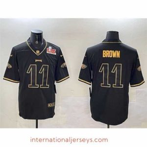 Exquisite Philadelphia Eagles 11 A  J  Brown Black Gold 2025 Super Bowl LIX Patch Salute To Service Vapor Untouchable Limited Stitched Football Jersey