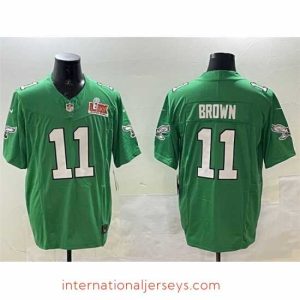 Exceptional Philadelphia Eagles 11 A J  Brown Green 2025 Super Bowl LIX Patch F.U.S.E  Throwback Vapor Untouchable Limited Stitched Football Jersey