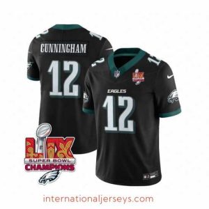 Deluxe Philadelphia Eagles 12 Randall Cunningham Black 2025 Eagles Logo Super Bowl LIX Patch New F.U.S.E  Vapor Limited Stitched Football Jersey
