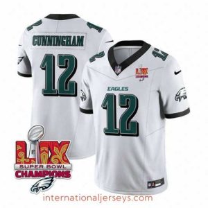Premium Philadelphia Eagles 12 Randall Cunningham White 2025 Eagles Logo Super Bowl LIX Patch New F.U.S.E  Vapor Limited Stitched Football Jersey
