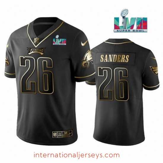Premium Philadelphia Eagles 26 Miles Sanders Black Golden Super Bowl LVII Patch Edition Stitched Football Jersey