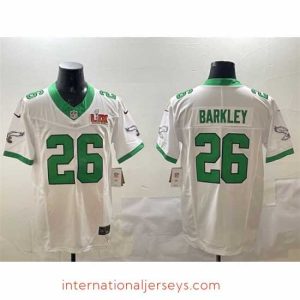 Superior Philadelphia Eagles 26 Saquon Barkley White 2025 Super Bowl LIX Patch F.U.S.E  Vapor Untouchable Limited Stitched Football Jersey