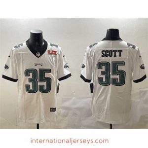 Deluxe Philadelphia Eagles 35 Boston Scott White 2025 Super Bowl LIX Patch Vapor Untouchable Limited Stitched Football Jersey
