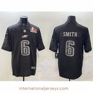 Finest Philadelphia Eagles 6 DeVonta Smith Black 2025 Super Bowl LIX Patch Reflective Vapor Untouchable Limited Stitched Football Jersey