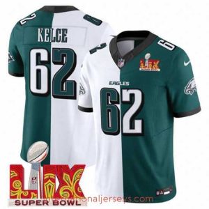 Exceptional Philadelphia Eagles 62 Jason Kelce White Green Split 2025 Super Bowl LIX Patch F.U.S.E  Vapor Untouchable Limited Stitched Football Jersey