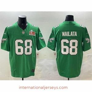 Superb Philadelphia Eagles 68 Jordan Mailata Green 2025 Super Bowl LIX Patch F.U.S.E  Throwback Vapor Untouchable Limited Stitched Football Jersey
