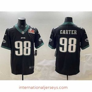 Exceptional Philadelphia Eagles 98 Jalen Carter Black 2025 Super Bowl LIX Patch Vapor Untouchable Limited Stitched Football Jersey
