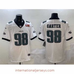 Outstanding Philadelphia Eagles 98 Jalen Carter White 2025 Super Bowl LIX Patch New Vapor Untouchable Limited Stitched Football Jersey