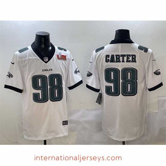 Outstanding Philadelphia Eagles 98 Jalen Carter White 2025 Super Bowl LIX Patch New Vapor Untouchable Limited Stitched Football Jersey