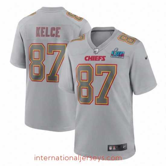 Premium Toddler Kansas City Chiefs 87 Travis Kelce Grey Super Bowl LVII Patch Atmosphere Fashion Stitched Game Jersey