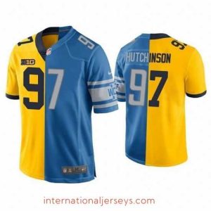 Outstanding Men's Detroit Lions #97 Aidan Hutchinson Yellow Blue Split Stitched Game Jersey