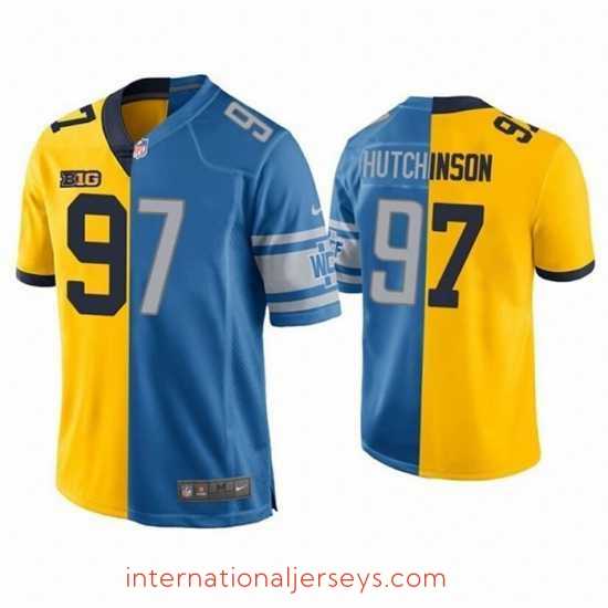 Outstanding Men's Detroit Lions #97 Aidan Hutchinson Yellow Blue Split Stitched Game Jersey