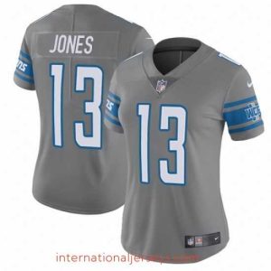 Top notch Nike Lions #13 T J Jones Gray Womens Stitched NFL Limited Rush Jersey