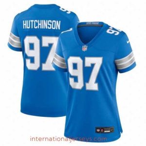Premium Detroit Lions 97 Aidan Hutchinson Blue Stitched Jersey