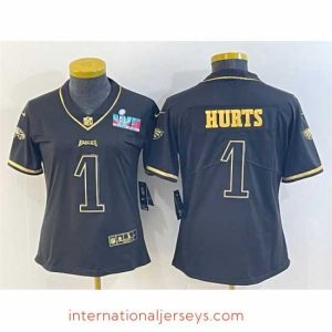 Top notch Philadelphia Eagles 1 Jalen Hurts Black Golden Edition Super Bowl LVII Patch Stitched Football Jersey