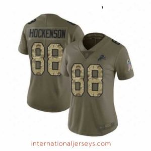 High quality Womens Detroit Lions 88 TJ Hockenson Limited Olive Camo Salute to Service Football Jersey