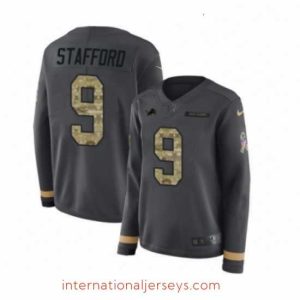 Deluxe Womens Nike Detroit Lions 9 Matthew Stafford Limited Black Salute to Service Therma Long Sleeve NFL Jersey