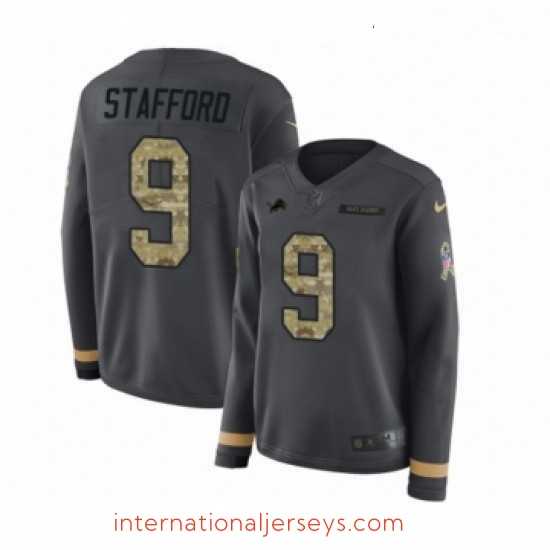 Deluxe Womens Nike Detroit Lions 9 Matthew Stafford Limited Black Salute to Service Therma Long Sleeve NFL Jersey