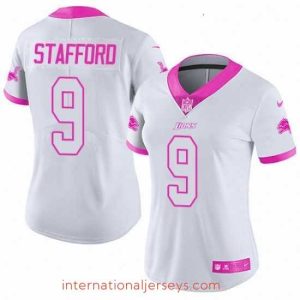 Premium Womens Nike Detroit Lions 9 Matthew Stafford Limited WhitePink Rush Fashion NFL Jersey