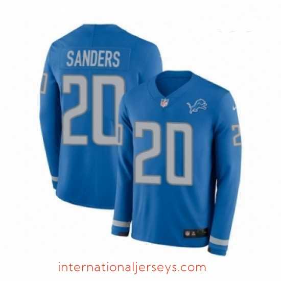 Premium Nike Detroit Lions 20 Barry Sanders Limited Blue Therma Long Sleeve NFL Jersey