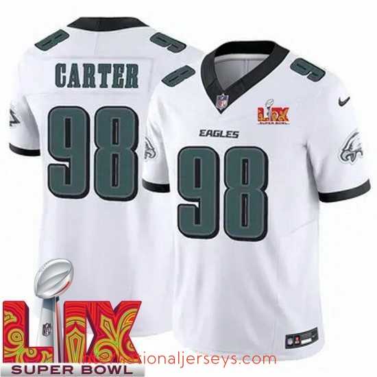 Deluxe Philadelphia Eagles Jalen Carter #98 White 2024 2025 Super Bowl LIX F.U.S.E Stitched NFL Jersey
