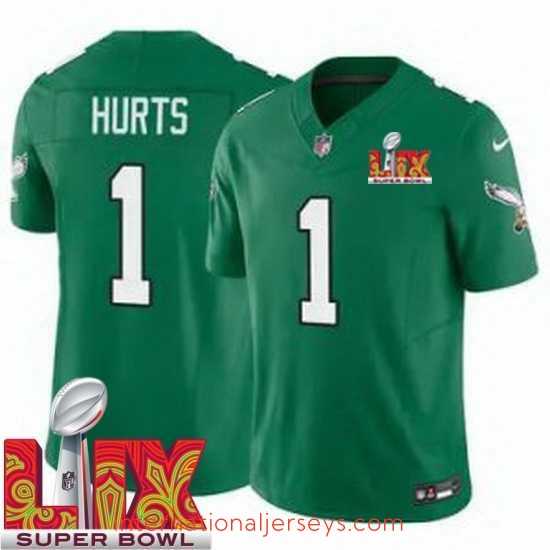 Top notch Philadelphia Eagles Jalen Hurts #1 Kelly Green 2024 2025 Super Bowl LIX F.U.S.E Stitched NFL Jersey