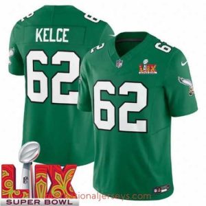 Exceptional Philadelphia Eagles Jason Kelce #62 Kelly Green 2024 2025 Super Bowl LIX F.U.S.E Stitched NFL Jersey