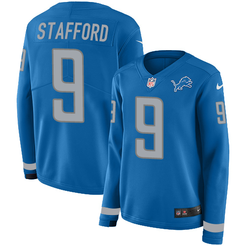 Marvelous Lions #9 Matthew Stafford Light Blue Team Color Women's Stitched NFL Limited Therma Long Sleeve Jersey