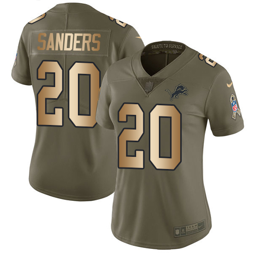 Gorgeous Lions #20 Barry Sanders Olive/Gold Women's Stitched NFL Limited 2017 Salute to Service Jersey