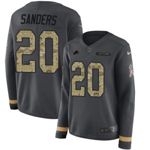 Exquisite Lions #20 Barry Sanders Anthracite Salute to Service Women's Stitched NFL Limited Therma Long Sleeve Jersey