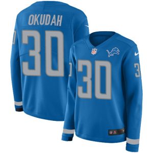 Premium Lions #30 Jeff Okudah Blue Team Color Women's Stitched NFL Limited Therma Long Sleeve Jersey