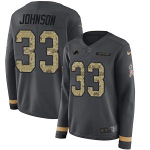Exquisite Lions #33 Kerryon Johnson Anthracite Salute to Service Women's Stitched NFL Limited Therma Long Sleeve Jersey